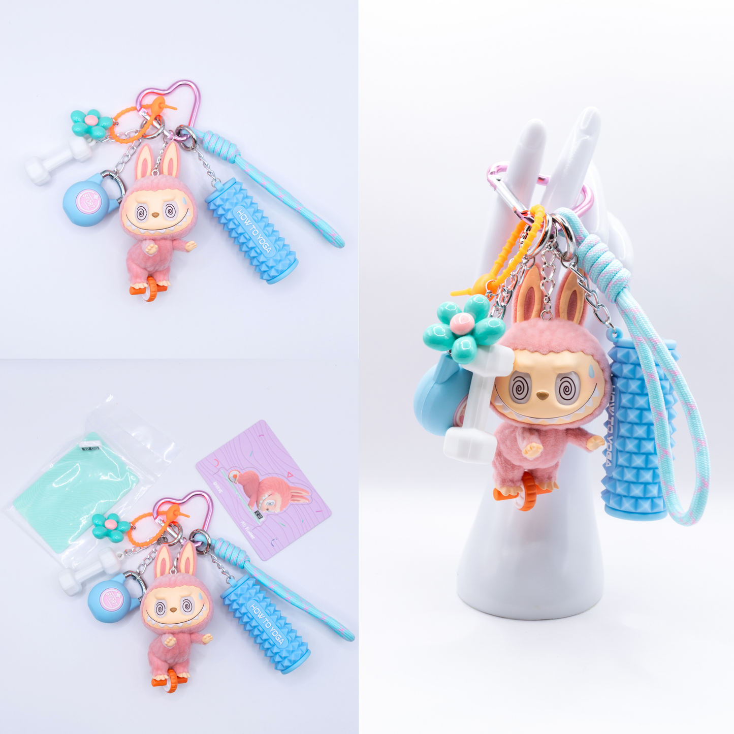 Pink Keychain with Labubu Lazy Yoga Ab Roller Figure and matching charms from three different angles on a white background