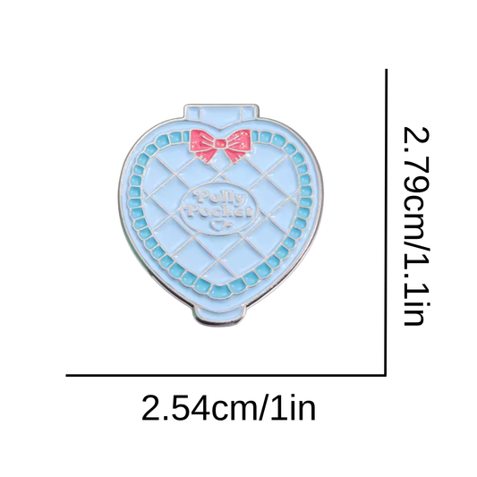 Compact mirror with a pink bow design and measurements on a white background
