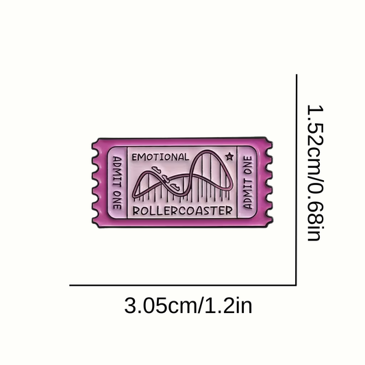 Ticket-shaped pin with text and a graphic, shown with dimensions on a white background.