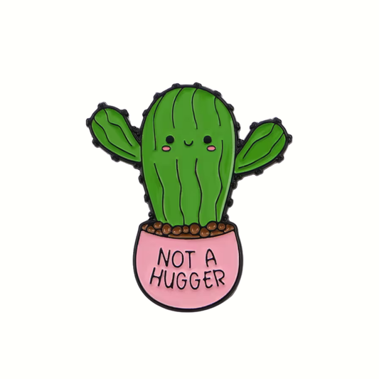 Cute cartoon cactus in a pot with 'Not a Hugger' text on a white background