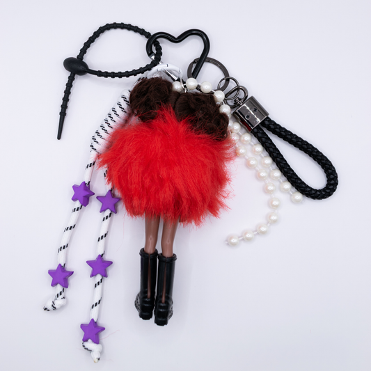 Handmade Mini Barbie Kelly Style Red Faux Fur Keychain Bag Charm