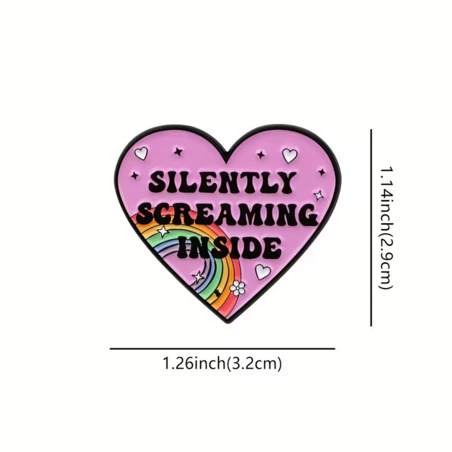 Heart-shaped sticker with 'Silently Screaming Inside' text and rainbow design, with dimensions provided.