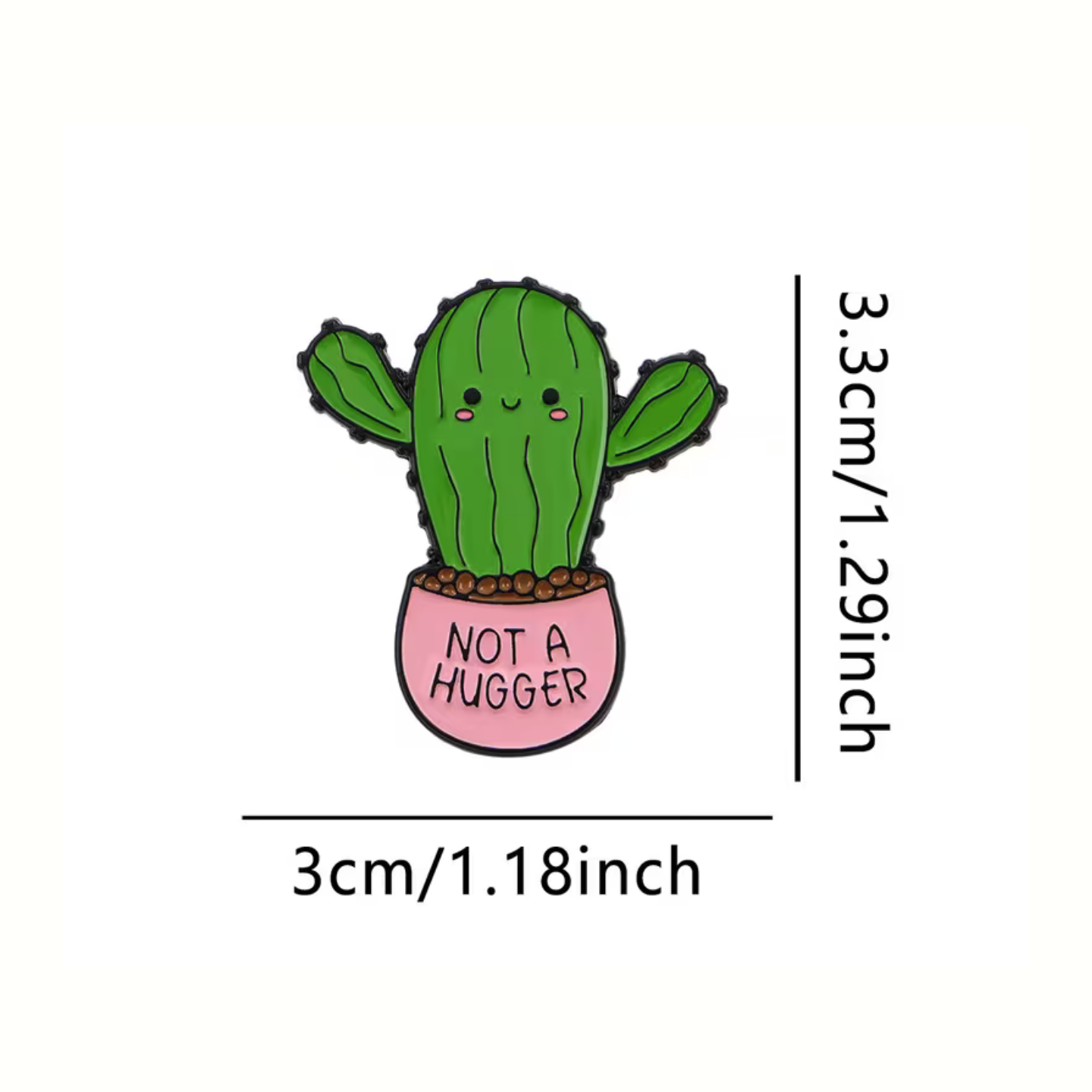 Cute cactus with 'Not a Hugger' text on a white background with measurements.