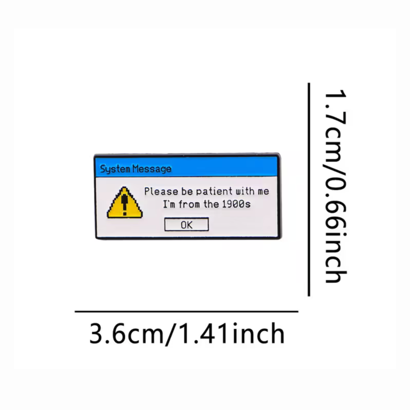 Computer screen with system message indicating a 1980s-era computer, with dimensions labeled.