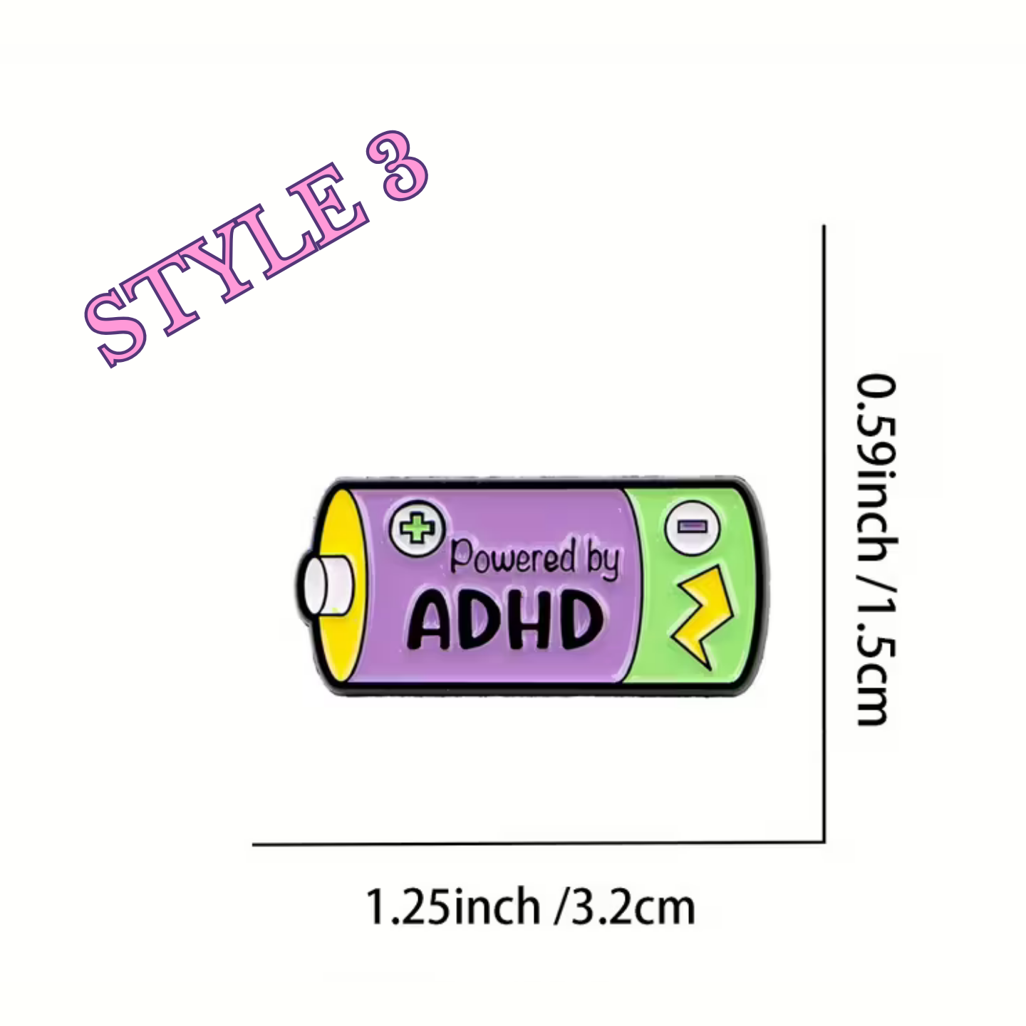 Battery-shaped sticker with 'Powered by ADHD' text and dimensions on a white background