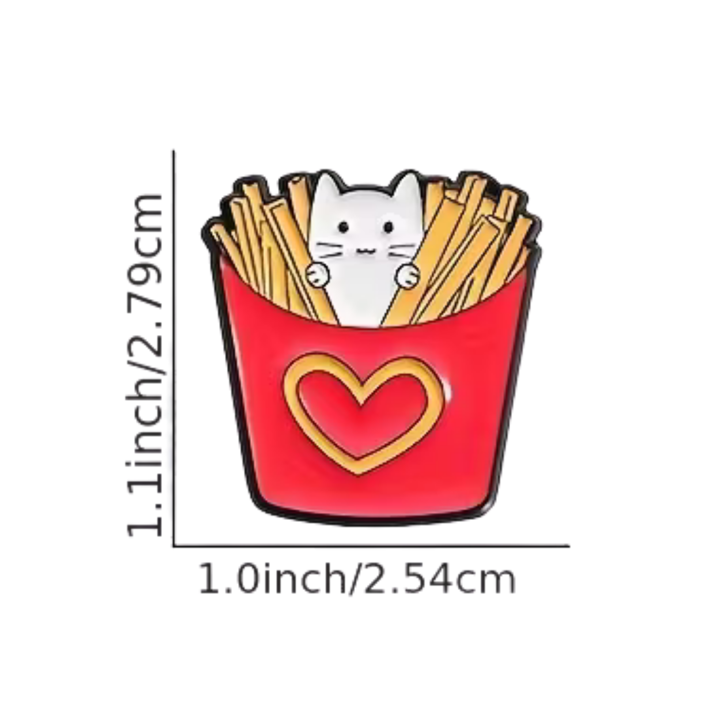 Pin with a cat peeking out from a red basket of fries, showing measurements on a white background.