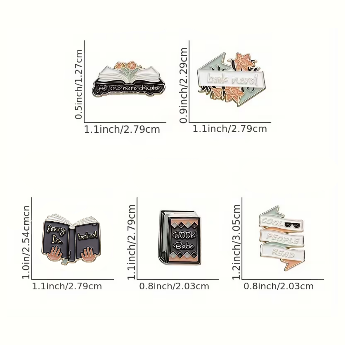 Set of book-themed pins with measurements on a white background
