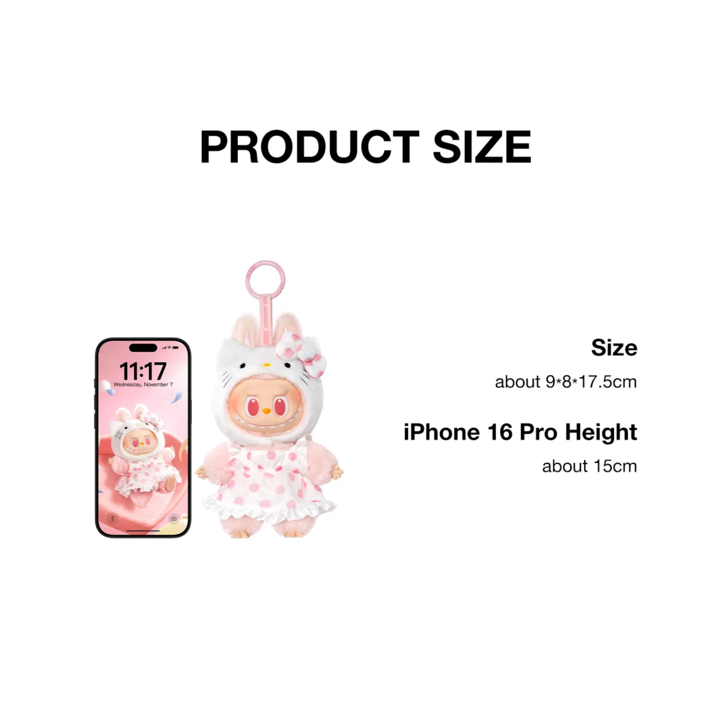 Small plush toy next to an iPhone 16 Pro to show size comparison on a white background.