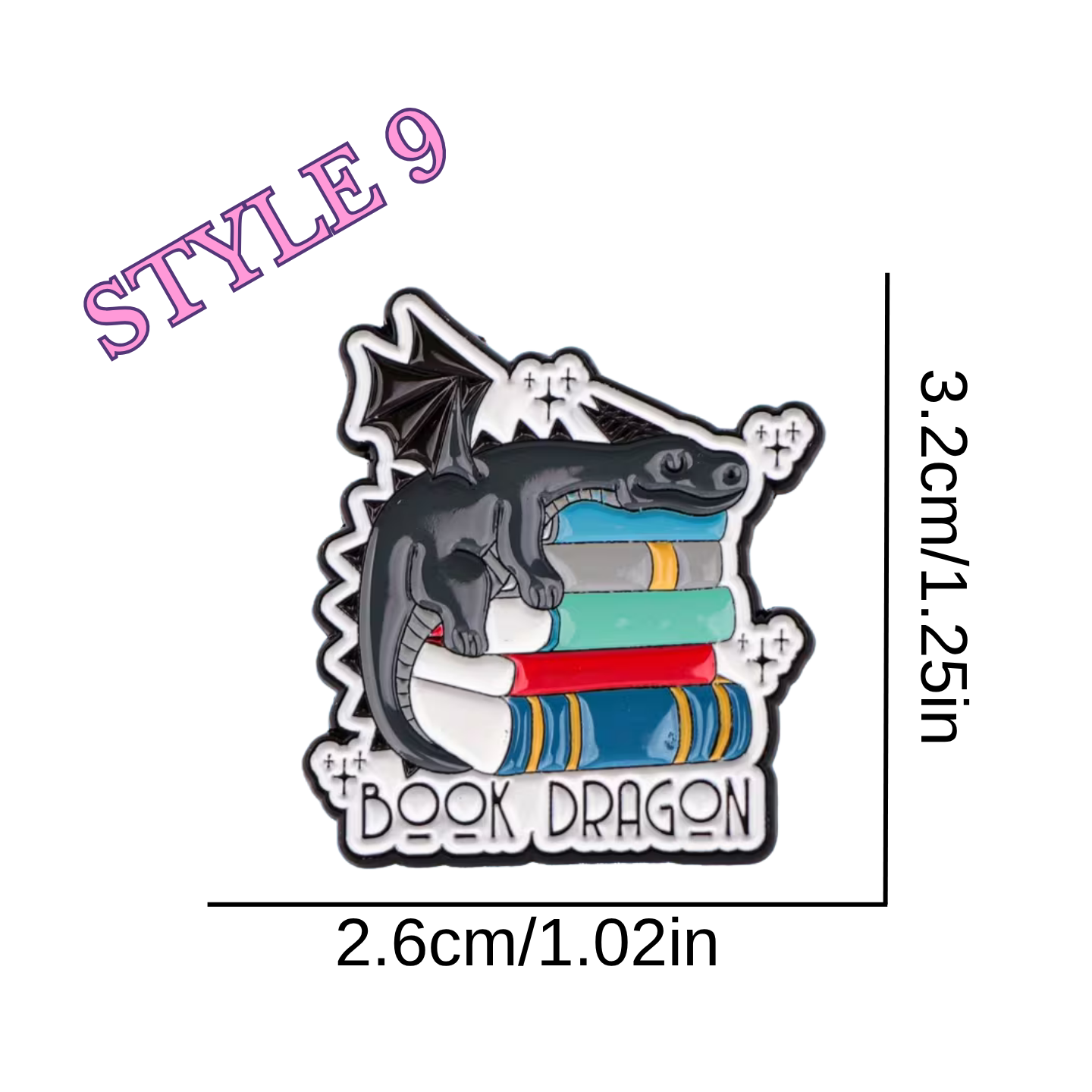 Book dragon design with books and a dragon on top, labeled 'Style 9' with dimensions.