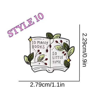 Decorative sticker with a book design and text 'So many books, so little time' on a white background.