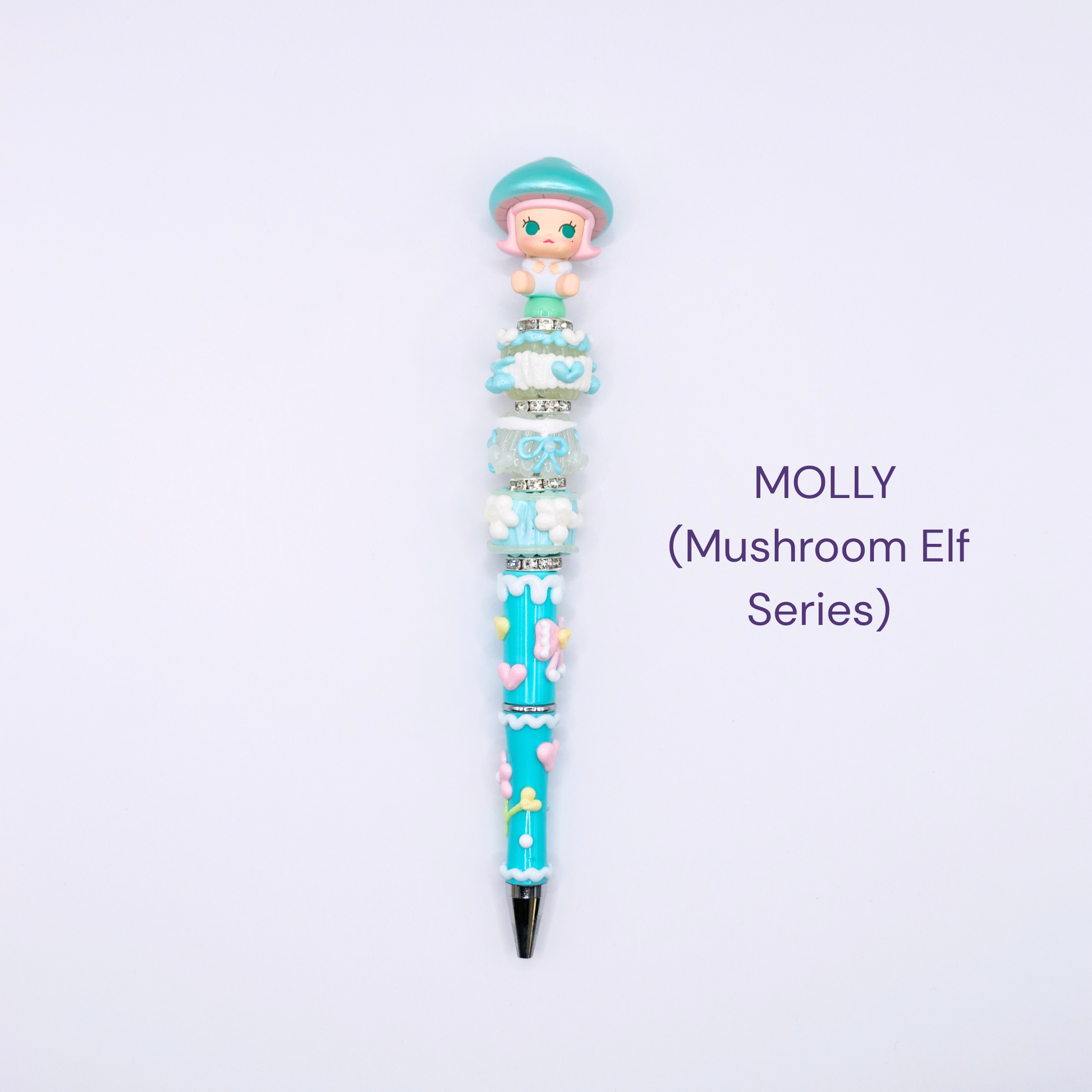Colorful beaded pen with cartoon character design on a white background, labeled 'MOLLY Mushroom Elf Series'.