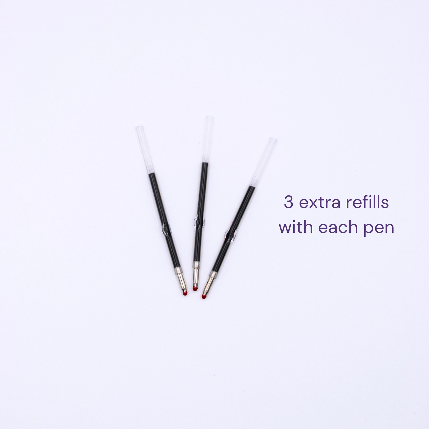 Three pen refills on white background, accompanied by text '3 extra refills with each pen'.