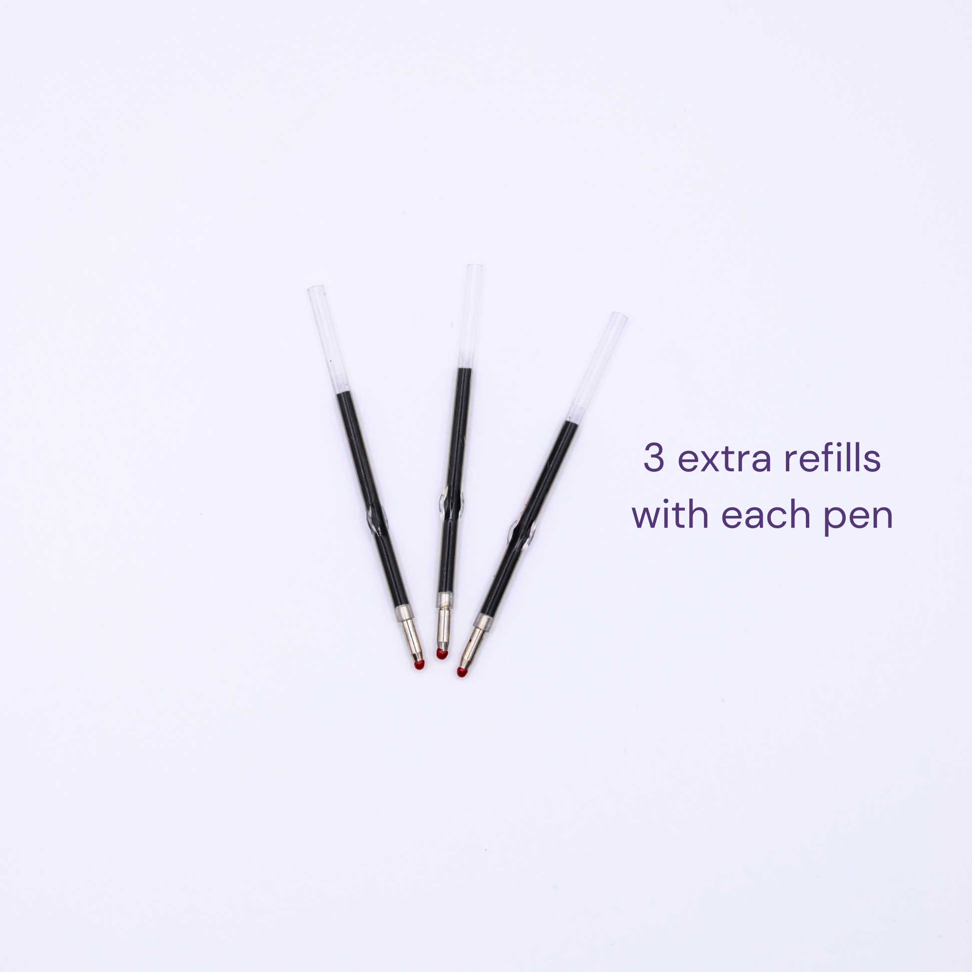 Three pen refills on white background, accompanied by text '3 extra refills with each pen'.