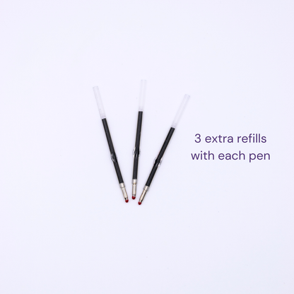 Three pen refills on white background, accompanied by text '3 extra refills with each pen'.