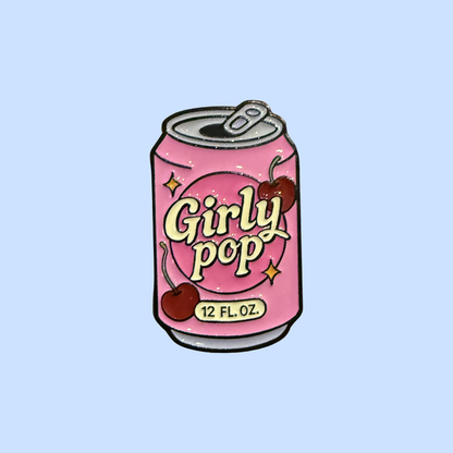 Pink can of 'Girly Pop' with cherry graphics on a light blue background