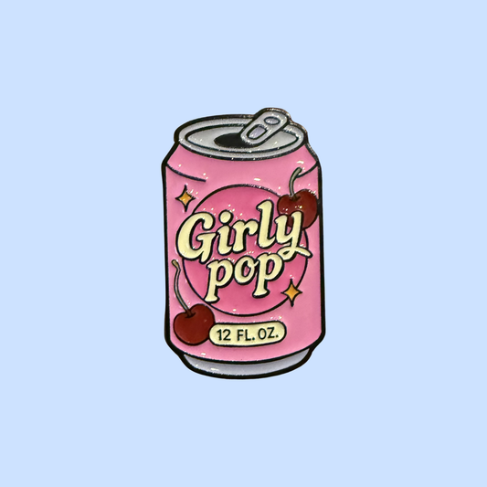 Pink can of 'Girly Pop' with cherry graphics on a light blue background