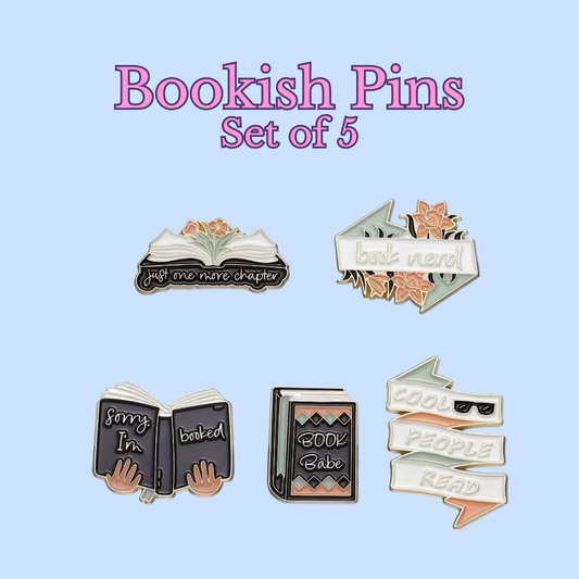 Set of five book-themed pins on a light blue background with 'Bookish Pins Set of 5' text.