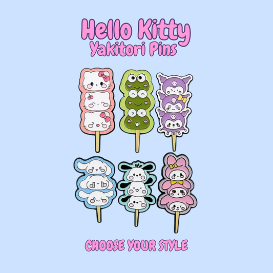 Illustrations of Hello Kitty-themed yakitori pins on a light blue background with 'Hello Kitty Yakitori Pins' text.