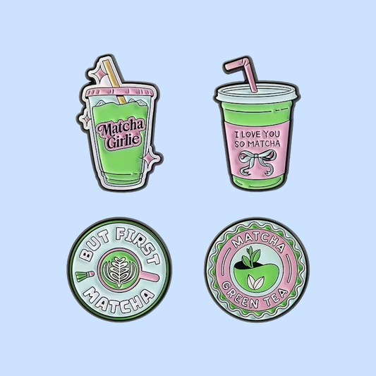 Four matcha-themed pins on a light blue background