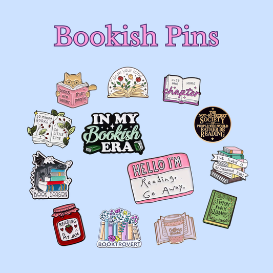 Collection of book-themed pins on a light blue background with 'Bookish Pins' text.