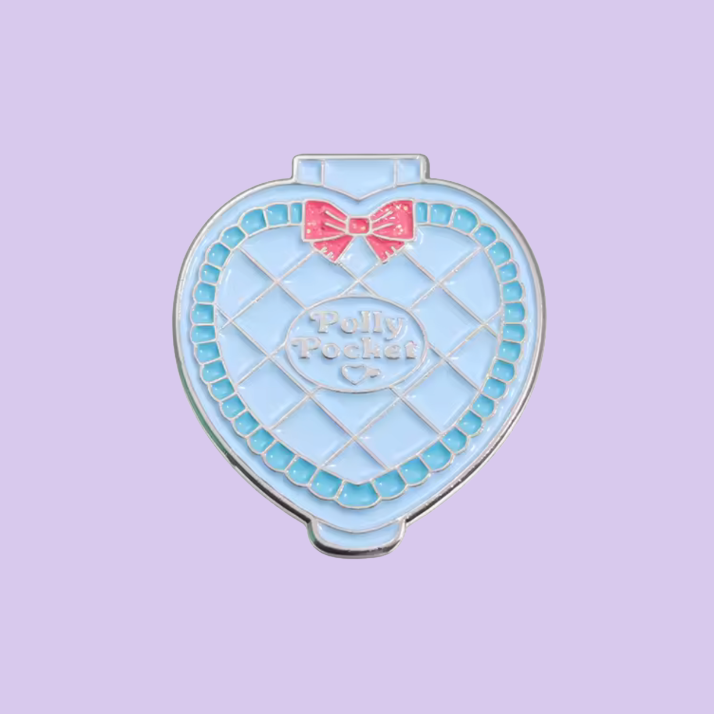 Heart-shaped blue pouch with a pink bow on a light purple background