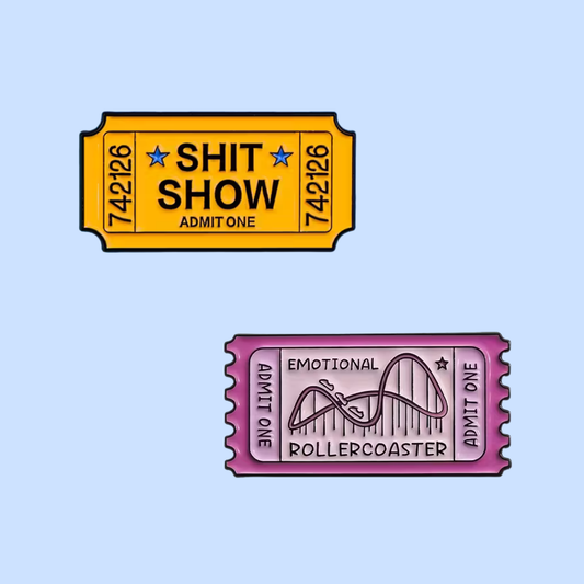 Two ticket-like illustrations on a light blue background, one yellow with text and the other pink with a graphic.