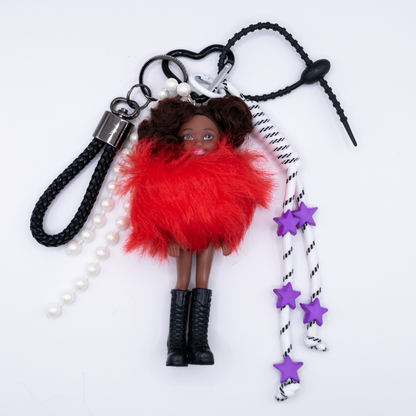 Handmade Mini Barbie Kelly Style Red Faux Fur Keychain Bag Charm