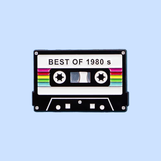 Cassette tape with 'Best of 1980s' text on a light blue background