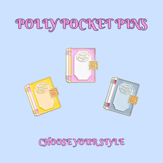 Three book-shaped 'Polly Pocket Pins' on a light blue background with text.