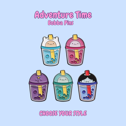 Five colorful Bobba Pins with cartoon faces on a light blue background, featuring the text 'Adventure Time Bobba Pins' and 'Choose Your Style'.