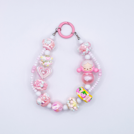 Handmade SKULLPANDA Pink Snow Mochi POP BEAN Keychain Phone Charm