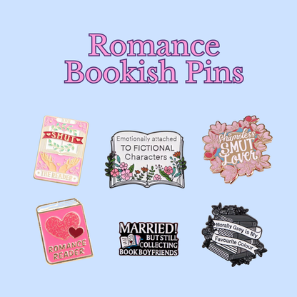 Collection of romance-themed bookish pins on a light blue background with text 'Romance Bookish Pins'.