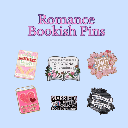 Collection of romance-themed bookish pins on a light blue background with text 'Romance Bookish Pins'.