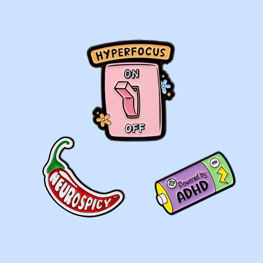 Three colorful illustrations on a light blue background: 'Hyperfocus On Off', 'Neurospicy', and 'Powered by ADHD'.