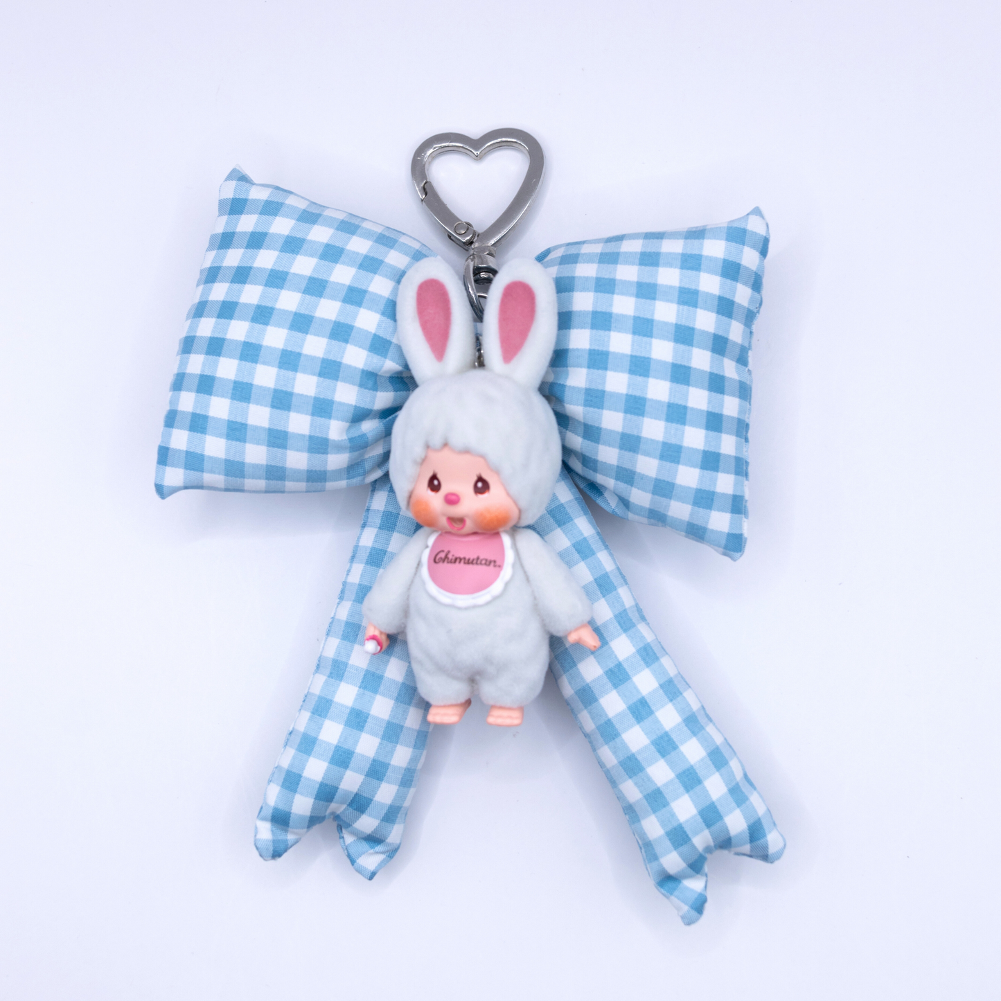 Handgefertigter MONCHHICHI-Schlüsselanhänger mit beflocktem Maskottchen (Chimutan Ver., blaue Schleife)