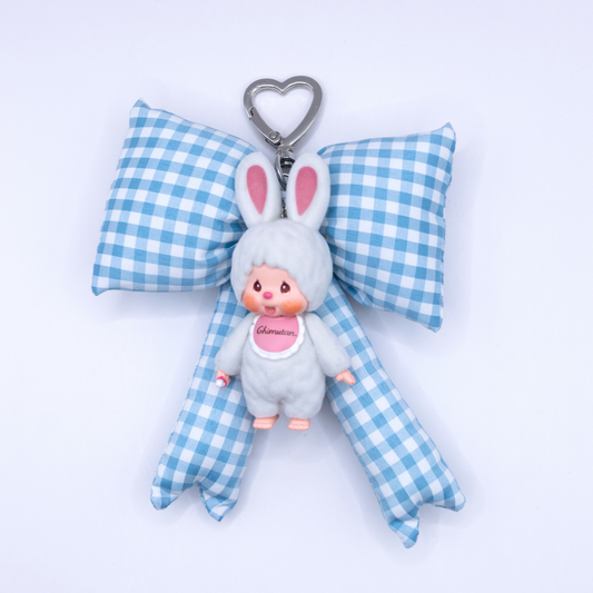 Handmade MONCHHICHI Flocking Mascot 3 Chimutan Ver Blue Bow Keychain