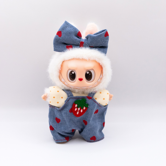 Niedliche 17cm Puppenkleidung Erdbeer-Jeanslatzhose 3-teiliges Set