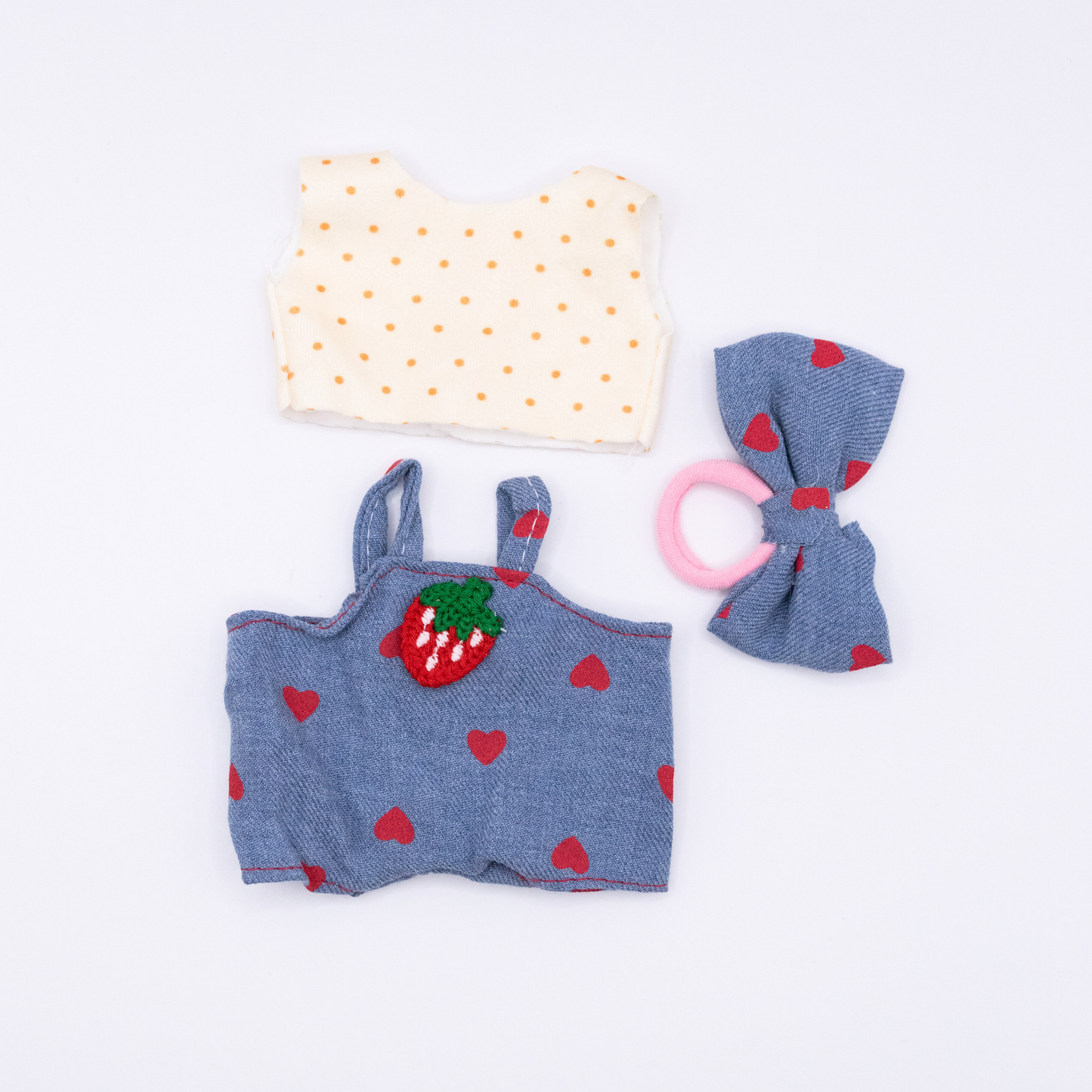 Niedliche 17cm Puppenkleidung Erdbeer-Jeanslatzhose 3-teiliges Set