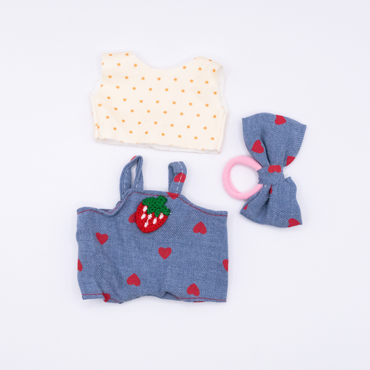 Niedliche 17cm Puppenkleidung Erdbeer-Jeanslatzhose 3-teiliges Set