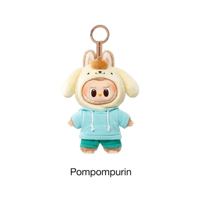Plush keychain of Labubu x Pompompurin on a white background