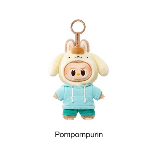 Plush keychain of Labubu x Pompompurin on a white background