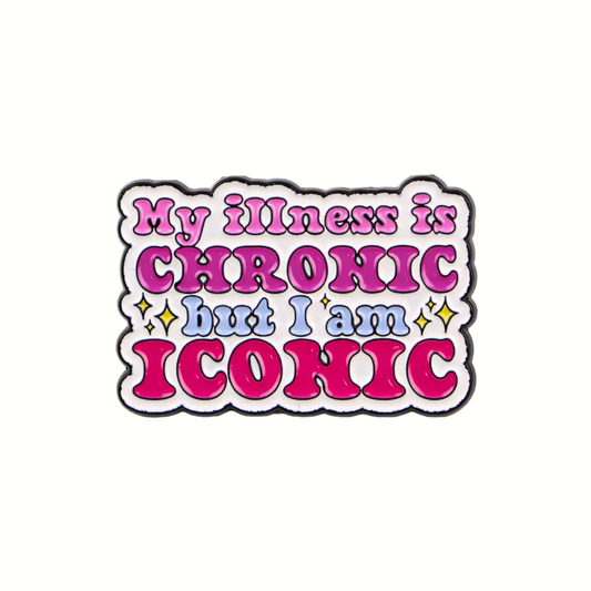 Sticker with text 'My illness is CHRONIC but I am ICONIC' in colorful letters on a white background