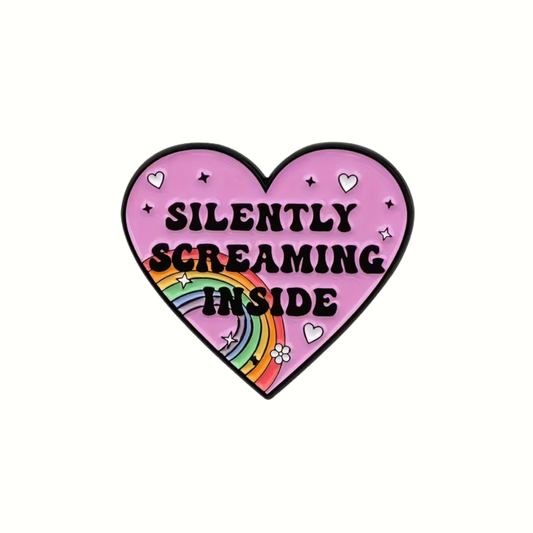 Heart-shaped sticker with rainbow and text 'Silently Screaming Inside' on a white background