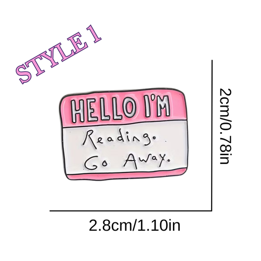 Cartoon-style name tag with text 'HELLO I'M Reading. Go Away.' and dimensions on a white background.