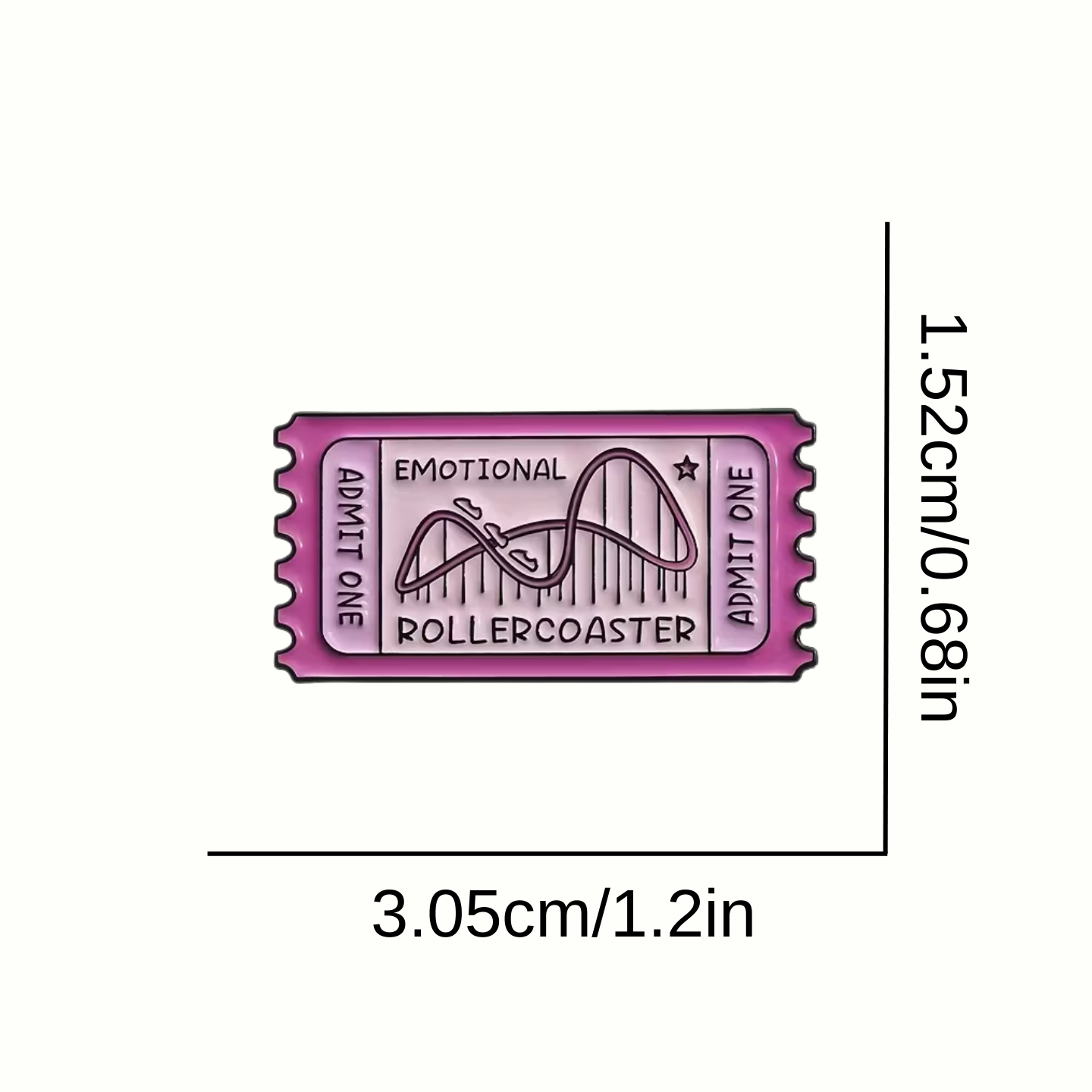 Ticket-shaped pin with text and a graphic, shown with dimensions on a white background.