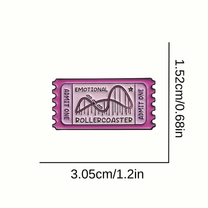 Ticket-shaped pin with text and a graphic, shown with dimensions on a white background.