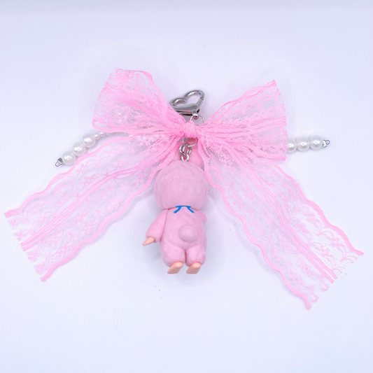 Handmade MONCHHICHI Flocking Mascot 3 Chimutan Ver Pink Ribbon Keychain