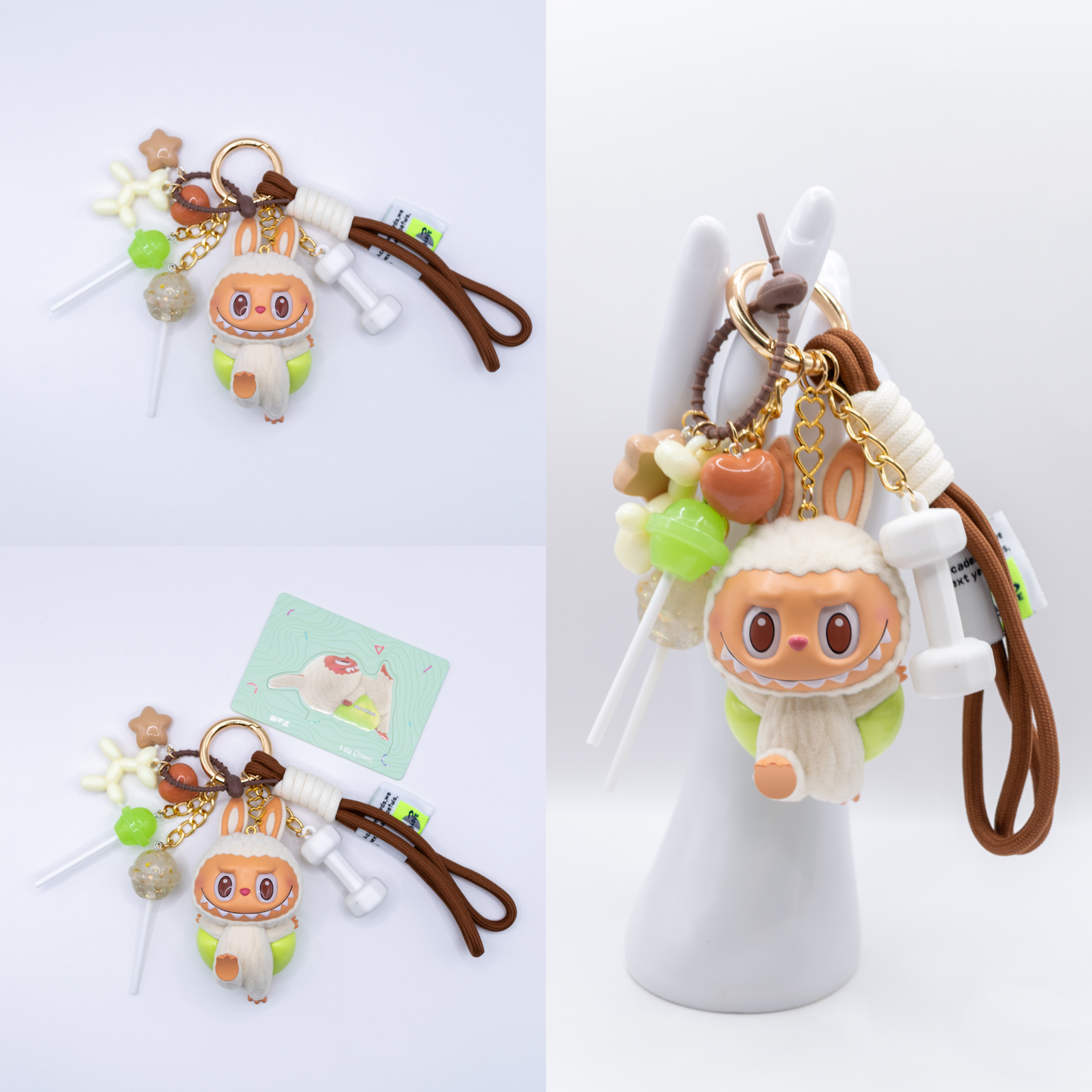 Golden Keychain with Labubu Lazy Yoga Figure and matching charms from three different angles on a white background