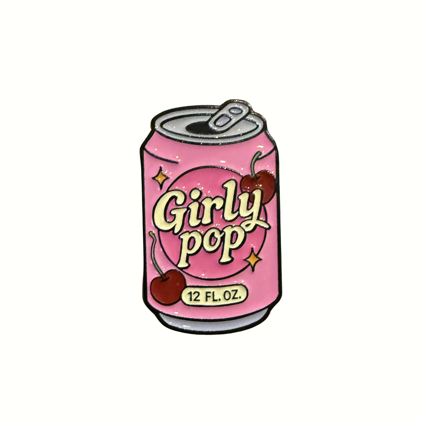 Pink can of 'Girly Pop' with cherry graphics on a white background