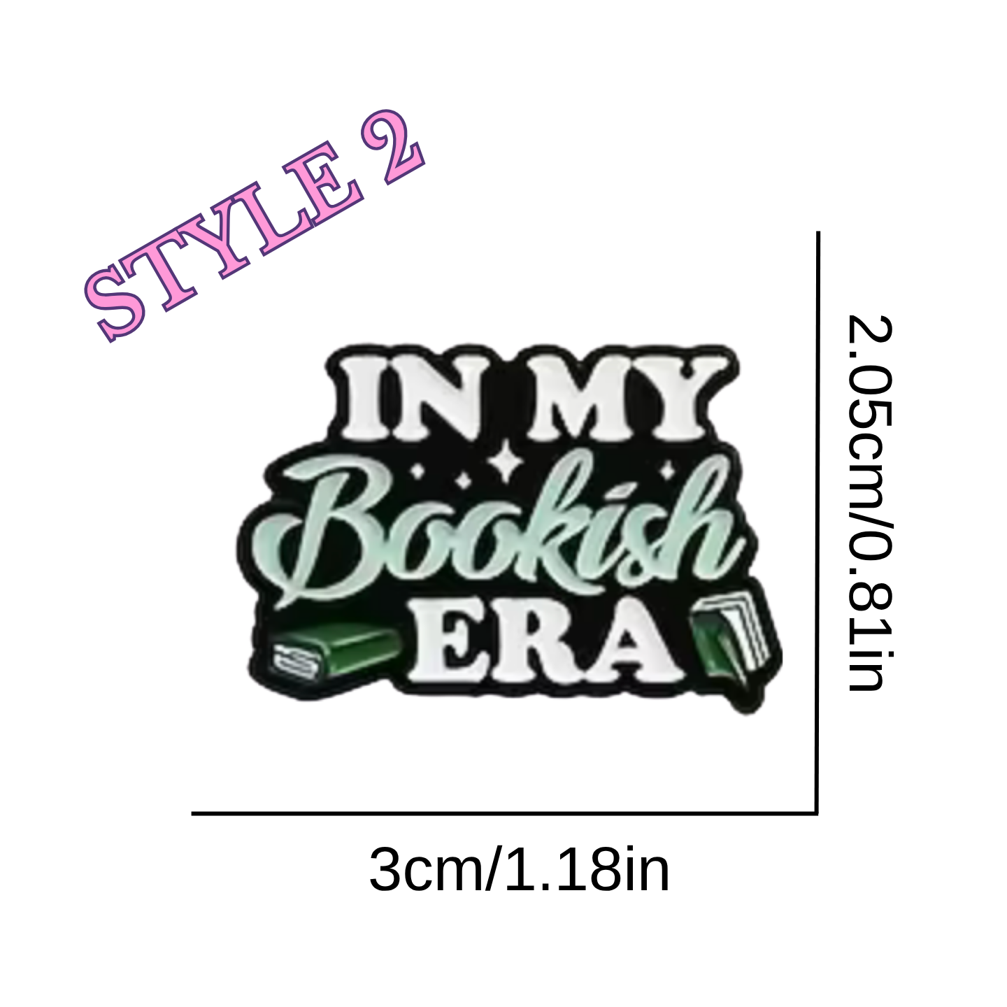 Sticker with 'In My Bookish Era' text and book illustrations, size 3cm x 2.05cm.
